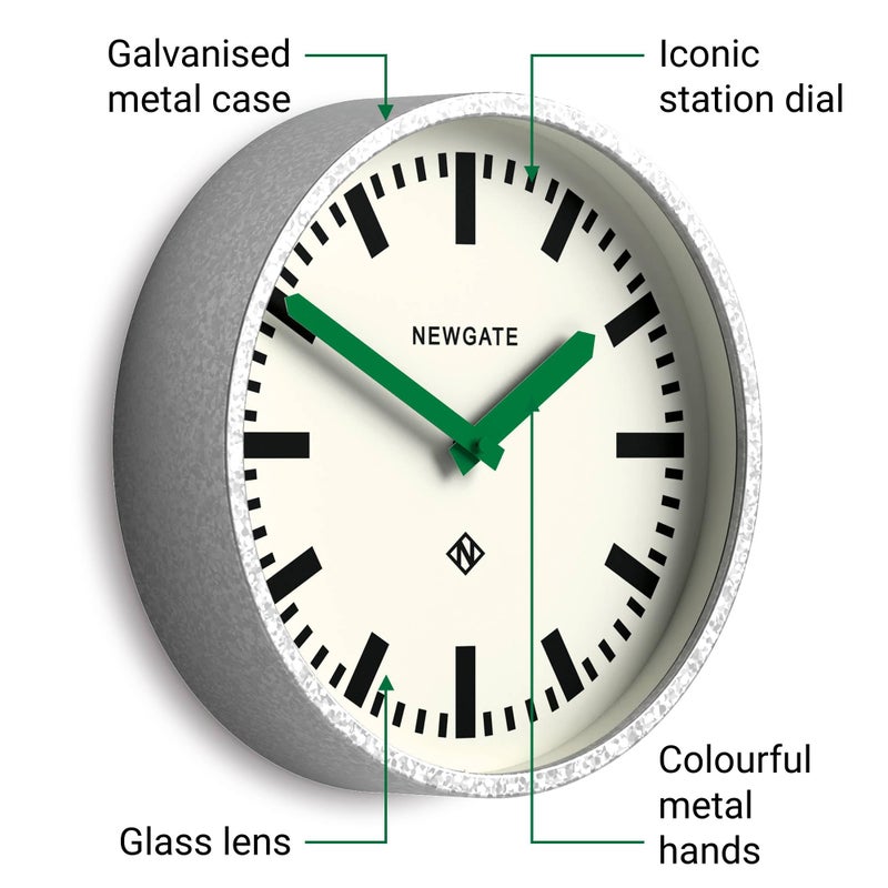 NEWGATEÂ® Luggage Wall Clock | Modern Retro Metal Station Clock | 30cm | Deep galvanised Metal case with Green Hands | Contemporary Vintage Style for Kitchen, Living Room or Office - Image 5